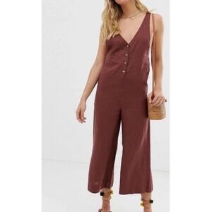 Rhythm Women's Size 4 Brown 100% Linen Cropped Wide Leg Jumpsuit Overalls